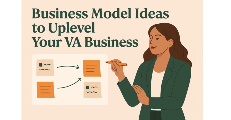 Illustration of a confident woman mapping out scalable business model ideas for her virtual assistant business