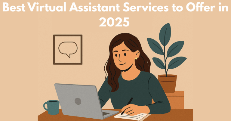 Digital illustration of a dark-haired virtual assistant at a desk, working on a laptop, with the title “Best Virtual Assistant Services to Offer in 2025” above her