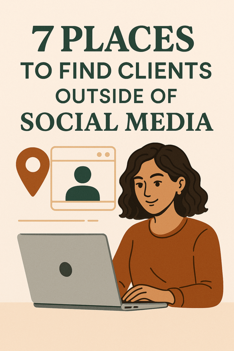 Illustration of a woman working on a laptop with icons representing virtual assistant services and a title that reads “7 Places to Find Clients Outside of Social Media”.