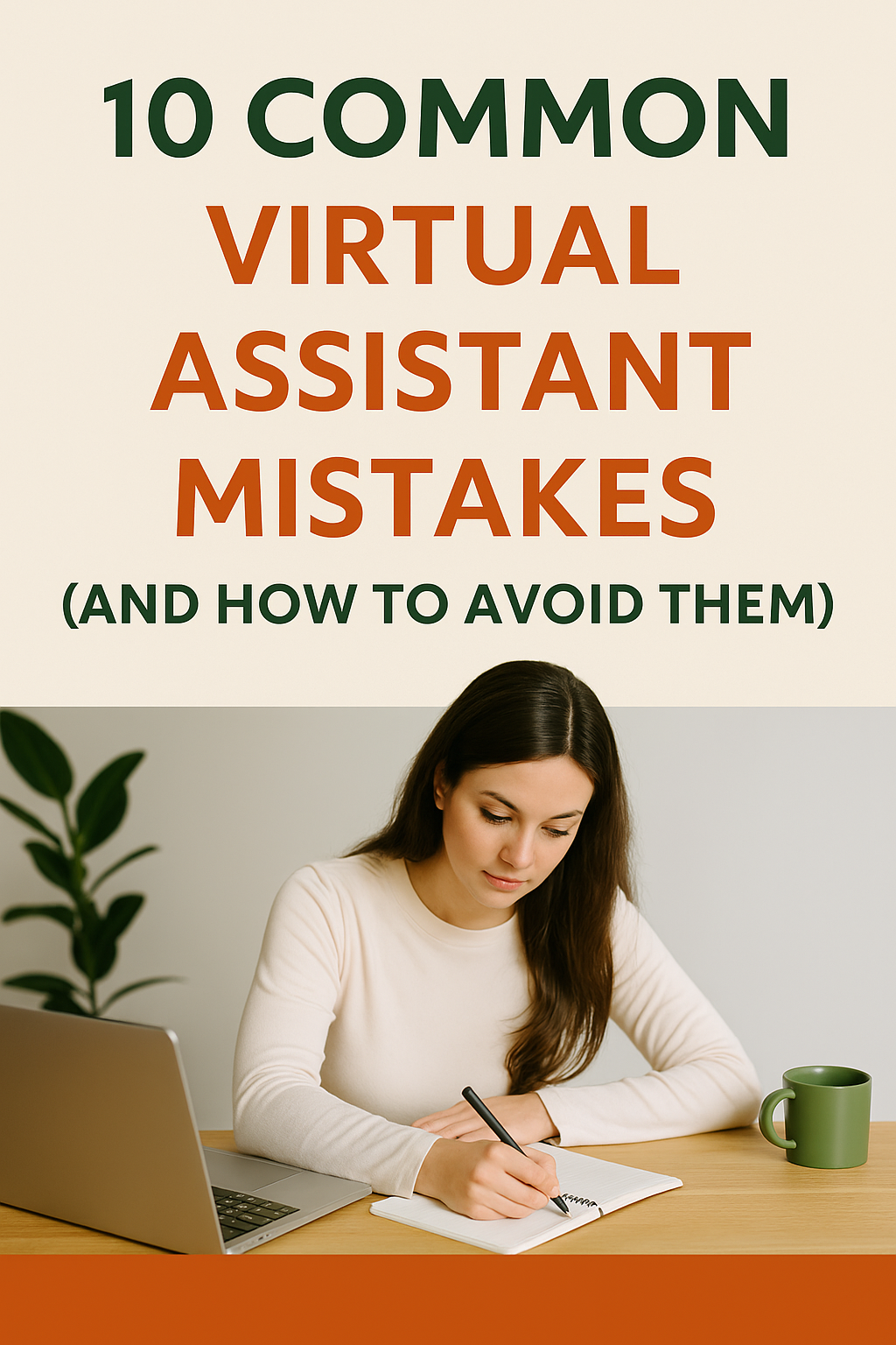 Young woman working at desk with laptop and notebook, representing common virtual assistant mistakes and productivity habits