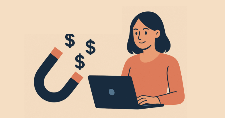 A flat-style digital illustration of a confident, dark-haired professional woman in a blush-toned blazer with arms crossed, surrounded by business-themed icons including a laptop, handshake, resume, contract, and dollar coin, with the title “10 Proven Strategies to Attract High-Paying Clients” above her.