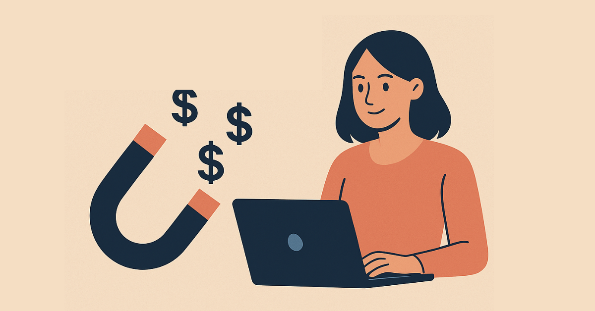 A flat-style digital illustration of a confident, dark-haired professional woman in a blush-toned blazer with arms crossed, surrounded by business-themed icons including a laptop, handshake, resume, contract, and dollar coin, with the title “10 Proven Strategies to Attract High-Paying Clients” above her.